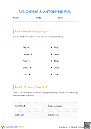 Essential Grade 1 Synonyms and Antonyms Worksheet