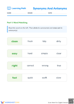 Synonyms and Antonyms Worksheet | Grade 1 Printable