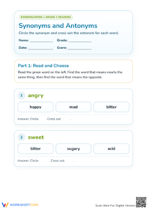 Synonyms and Antonyms Printable Worksheet | Grade 1 Ready