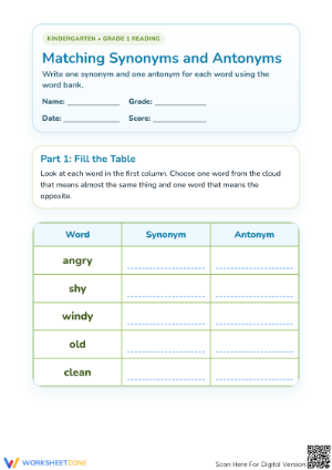 Printable Synonyms and Antonyms Worksheet | Grade 1 Ready