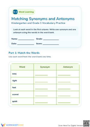 Printable Synonyms and Antonyms Worksheet | Grade 1 ELA