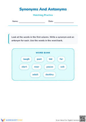 Matching Synonyms and Antonyms Worksheet | Grade 1 Essential