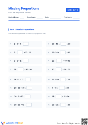 Printable Missing Proportions Worksheet | Grade 7 Math