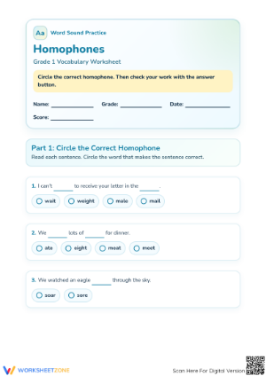 Printable Homophones Worksheet | Grade 1 ELA Aligned