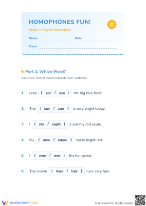 Printable Homophones Practice Worksheet | Grade 1 ELA