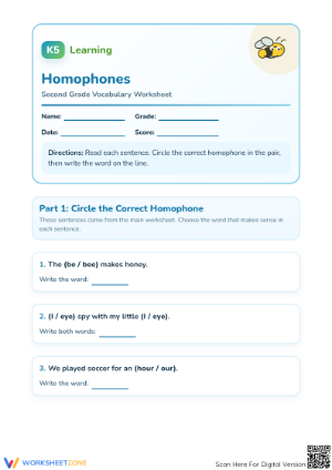 Printable Homophones Worksheet | Grade 1 ELA Practice