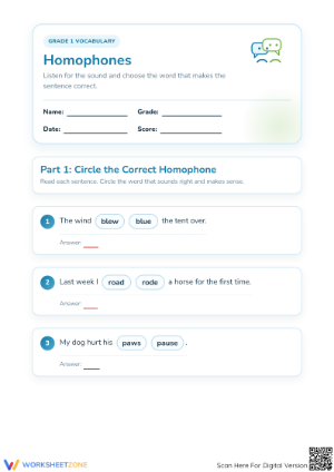 Printable Homophones Worksheet | Grade 1 ELA Essential