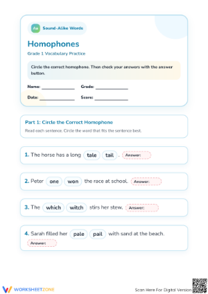 Printable Homophones Worksheet | Grade 1 Essential ELA