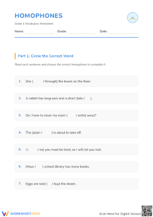 Grade 1 Homophones — Printable No-Prep Worksheet