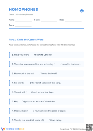 Homophones Worksheet | Grade 1 Essential Vocabulary