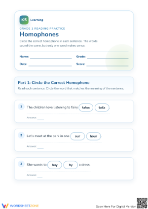 Printable Homophones Worksheet | Grade 1 ELA Practice