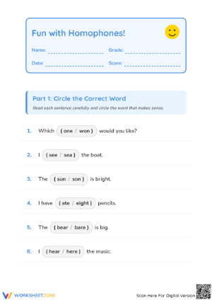 Printable Homophones Worksheet | Grade 1 ELA