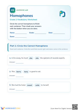 Homophones Worksheet: Essential Grade 1 ELA Practice