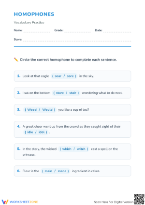 Homophones Worksheet | Grade 1 ELA Printable