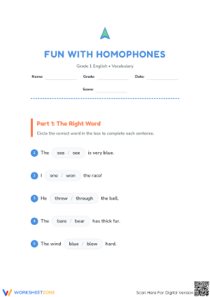 Printable Homophones Worksheet | Grade 1 ELA Essential