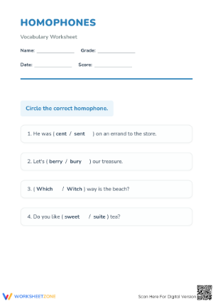 Grade 1 Homophones — Printable No-Prep Worksheet