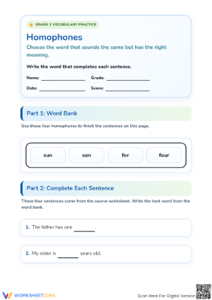 Printable Homophones Worksheet | Grade 1 ELA Essential