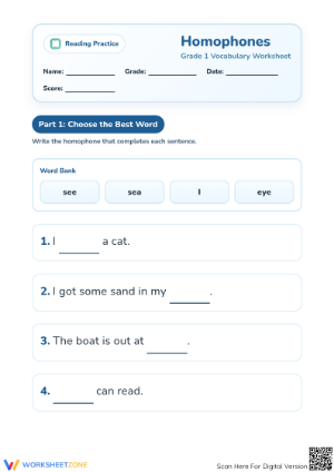 Printable Grade 1 Homophones Worksheet | Essential Practice