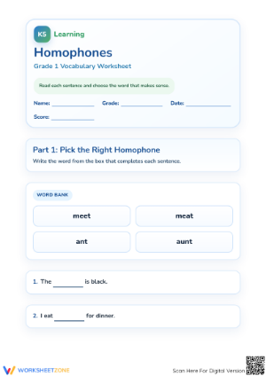 Printable Homophones Worksheet | Grade 1 ELA Practice