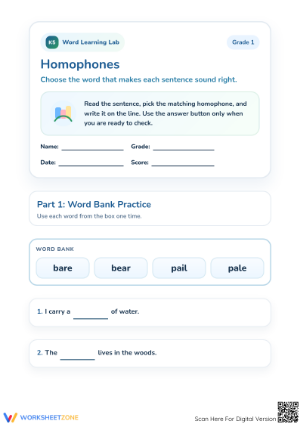 Homophones Practice Worksheet | Grade 1 Essential Guide