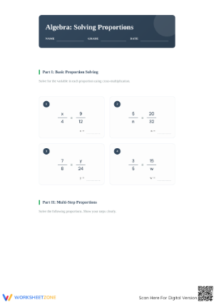Printable Solving Proportions Worksheet | Grade 7-9 Math