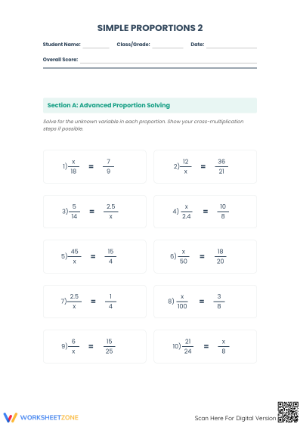 Essential Simple Proportions Worksheet | Grade 7-9 Math