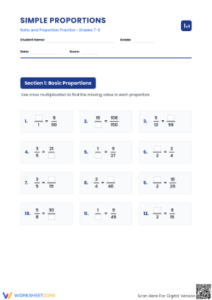Essential Simple Proportions Worksheet | Grades 7-9 Math