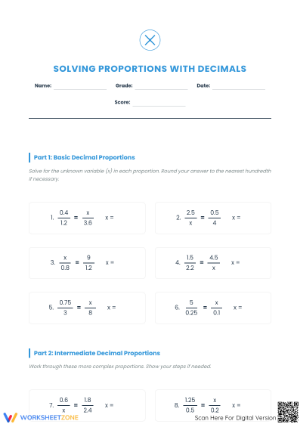 Essential Proportions with Decimals Worksheet — Grade 7-9