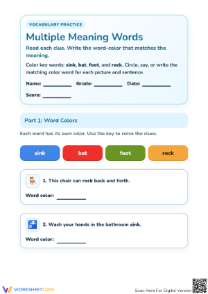 Printable Multiple Meaning Words Worksheet | Grade K-1