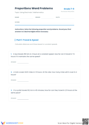 Essential Proportions Word Problems Worksheet | Grade 7-9