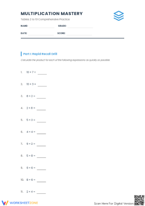 Printable Multiplication Mastery Worksheet | Grade 7-9