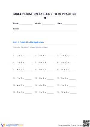 Essential Multiplication Tables 2-10 Practice | Grade 3-9