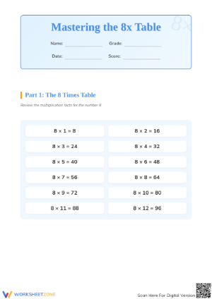 Printable 8 Times Table Worksheet | Grade 3 Multiplication