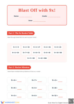 Essential 9x Times Tables Worksheet | Grade 3 Math