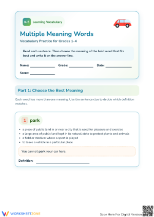 Printable Multiple Meaning Words Worksheet | Grades 1-4