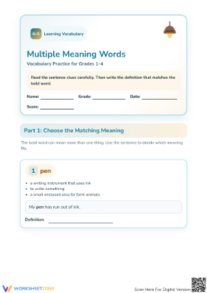 Printable Multiple Meaning Words Worksheet | Grade 1-4 Ready