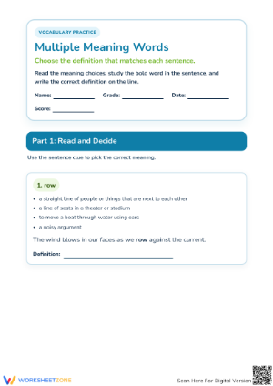 Printable Multiple Meaning Words Worksheet | Grade 2 ELA