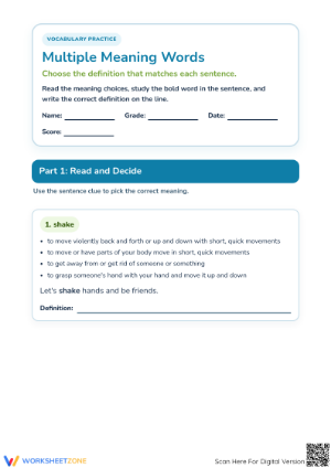 Printable Multiple Meaning Words Worksheet | Grade 3 ELA