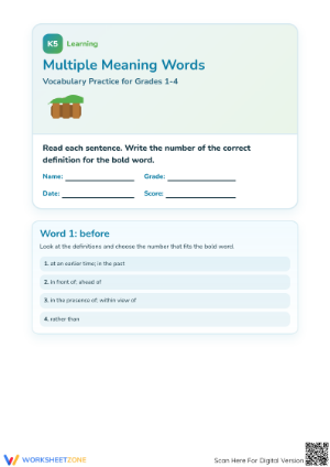 Printable Multiple Meaning Words Worksheet | Grade 1-4 ELA