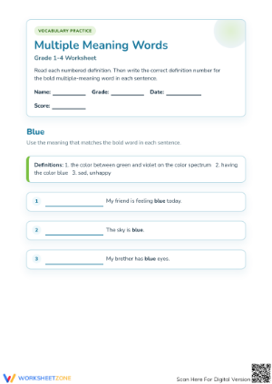 Printable Multiple Meaning Words Worksheet | Grade 1-4