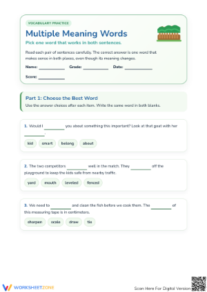 Printable Multiple Meaning Words Worksheet | Grade 3 Aligned