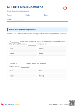 Printable Grade 4 Multiple Meaning Words Worksheet