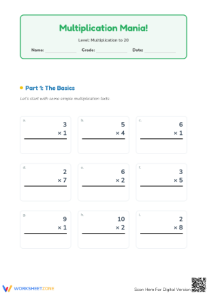 Essential Multiplication to 20 Worksheet | Grade 3 Math