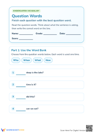 Printable Question Words Worksheet | Kindergarten ELA