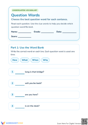 Printable Question Words Worksheet | Kindergarten ELA