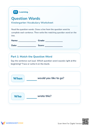 Printable Question Words Worksheet | Kindergarten ELA