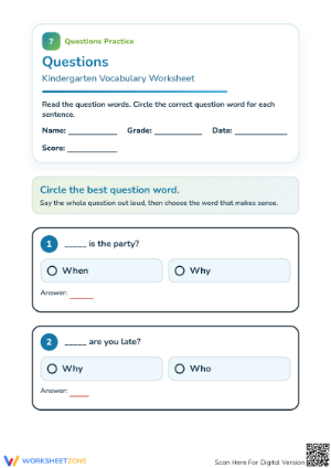 Printable Kindergarten Question Words Worksheet | Aligned