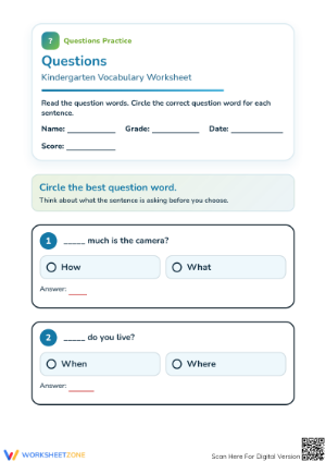 Printable Question Words Worksheet | Kindergarten ELA