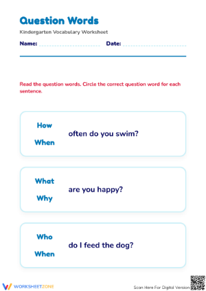 Kindergarten Question Words Worksheet | Printable Ready
