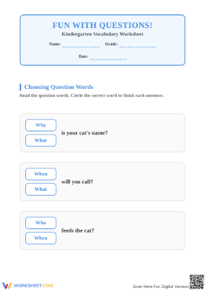 Essential Kindergarten Question Words Printable Worksheet